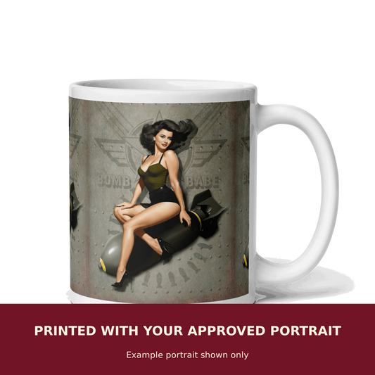 Personalized Pinup Mug customized with the customer's approved portrait. Example portrait shown only.