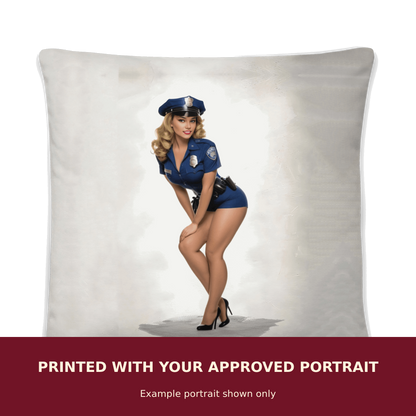 Personalized Pinup Plush Pillow customized with the customer's approved portrait. Example portrait shown only.