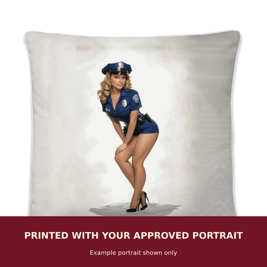 Personalized Pinup Plush Pillow customized with the customer's approved portrait. Example portrait shown only.
