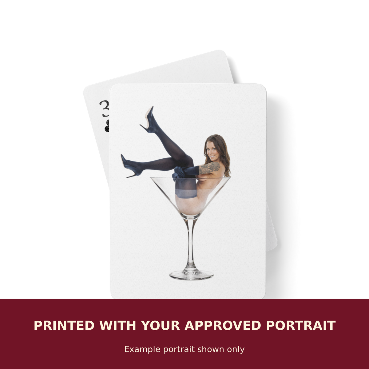 Personalized Pinup Poker Playing Cards customized with the customer's approved portrait. Example portrait shown only.
