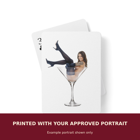Personalized Pinup Poker Playing Cards customized with the customer's approved portrait. Example portrait shown only.