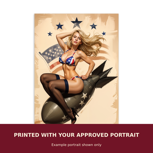 Personalized Pinup Postcard customized with the customer's approved portrait. Example portrait shown only.