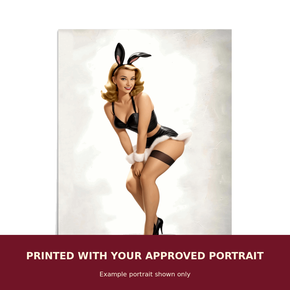 Personalized Pinup Print customized with the customer's approved portrait. Example portrait shown only.