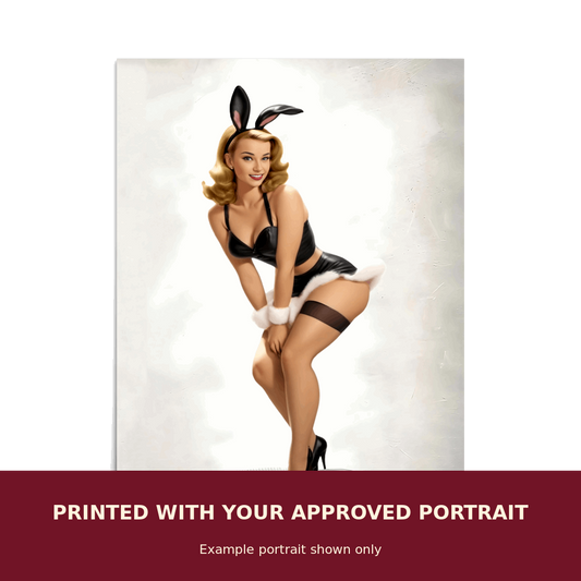Personalized Pinup Print customized with the customer's approved portrait. Example portrait shown only.