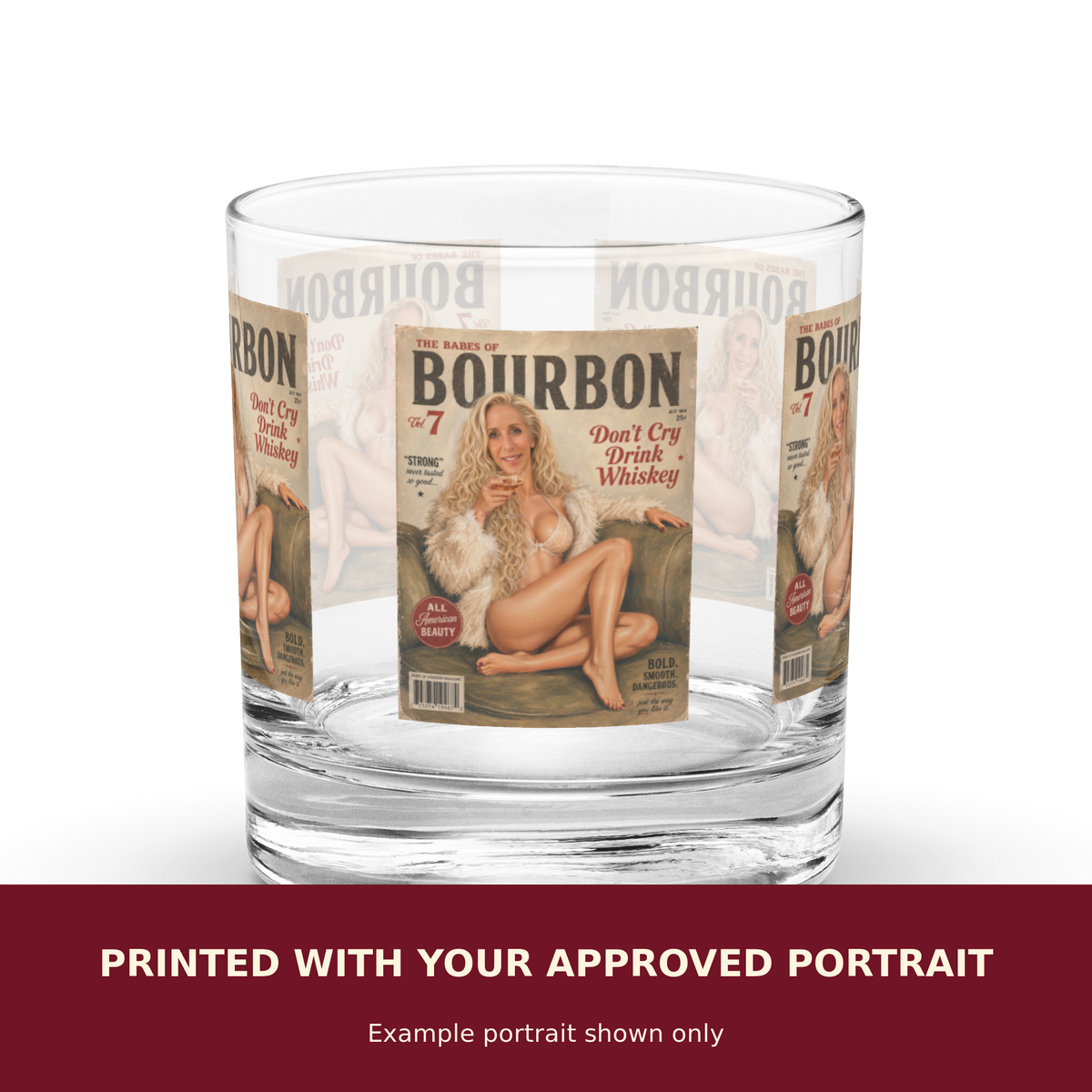 Personalized Pinup Rocks Glass customized with the customer's approved portrait. Example portrait shown only.
