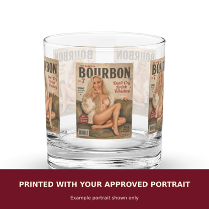 Personalized Pinup Rocks Glass customized with the customer's approved portrait. Example portrait shown only.