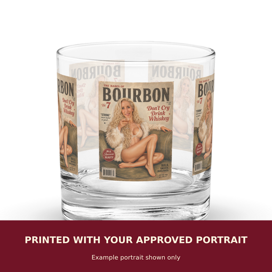 Personalized Pinup Rocks Glass customized with the customer's approved portrait. Example portrait shown only.