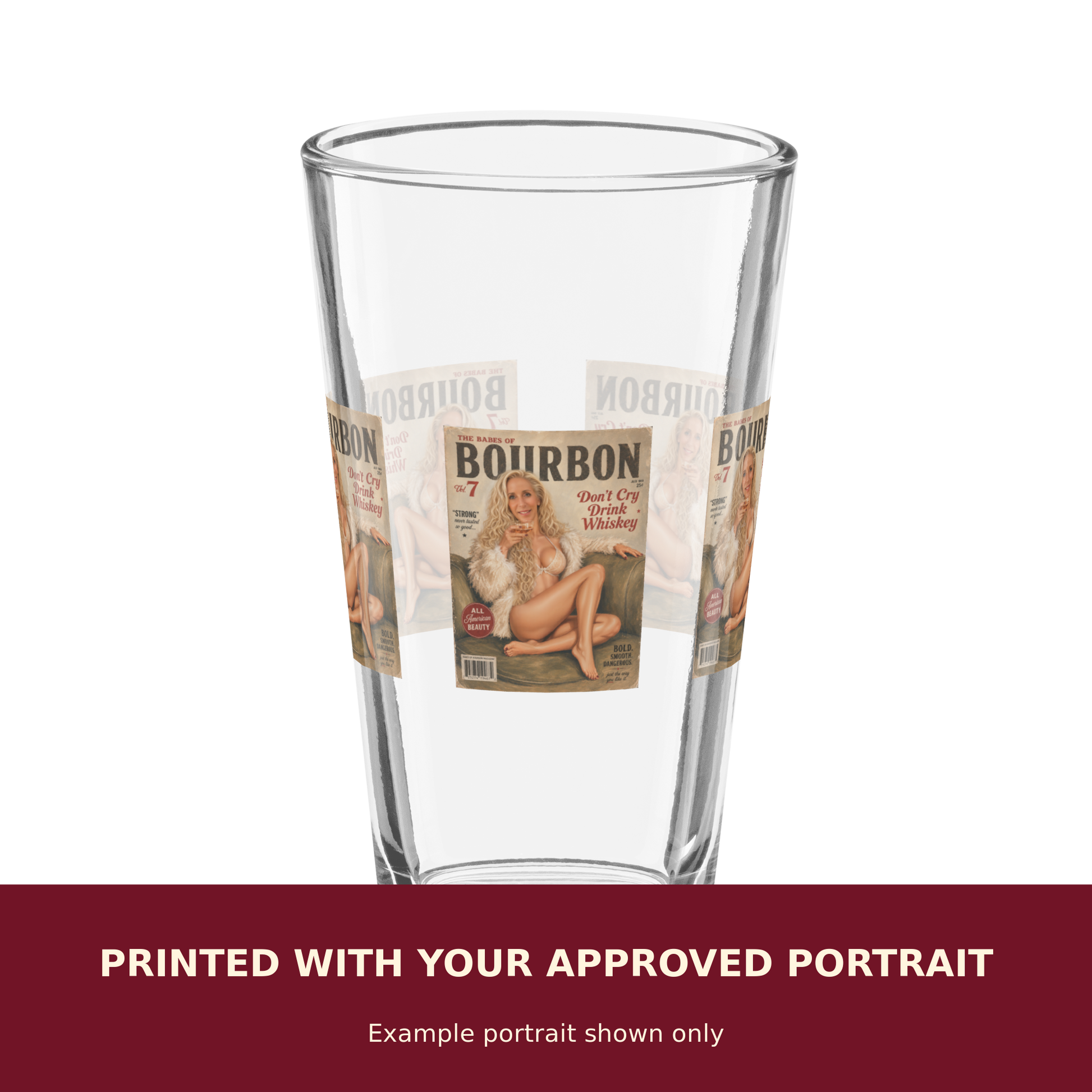 Personalized Pinup Shaker Pint Glass customized with the customer's approved portrait. Example portrait shown only.