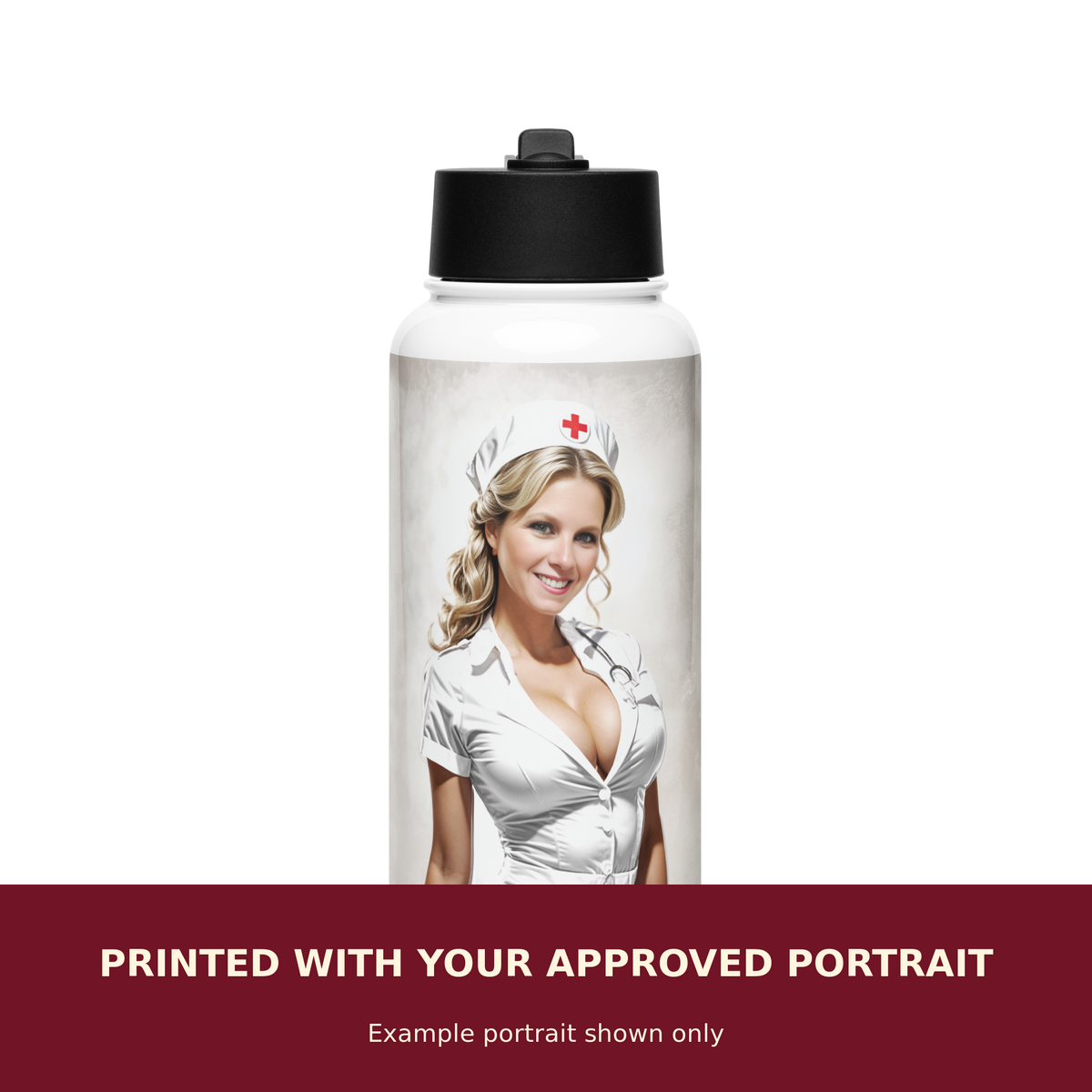 Personalized Pinup Stainless Steel Water Bottle customized with the customer's approved portrait. Example portrait shown only.