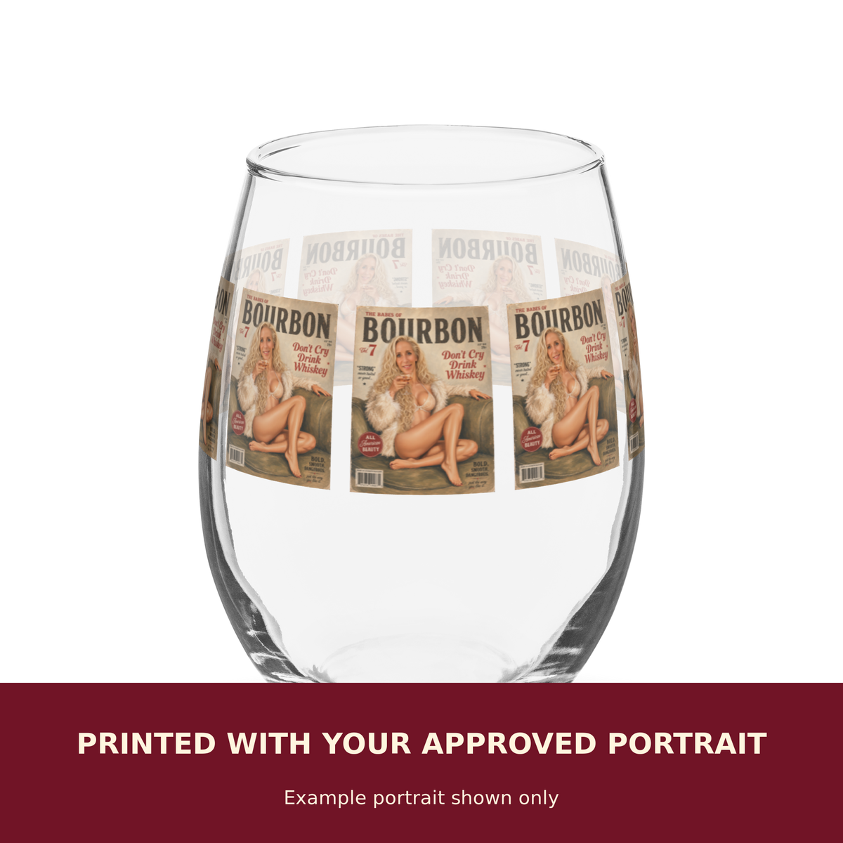 Personalized Pinup Stemless wine glass customized with the customer's approved portrait. Example portrait shown only.