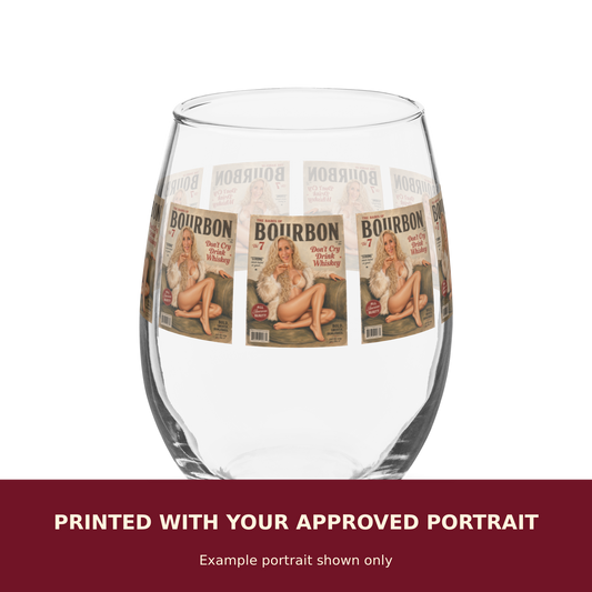 Personalized Pinup Stemless wine glass customized with the customer's approved portrait. Example portrait shown only.