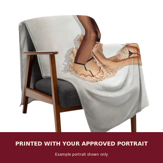 Personalized Pinup Throw Blanket customized with the customer's approved portrait. Example portrait shown only.