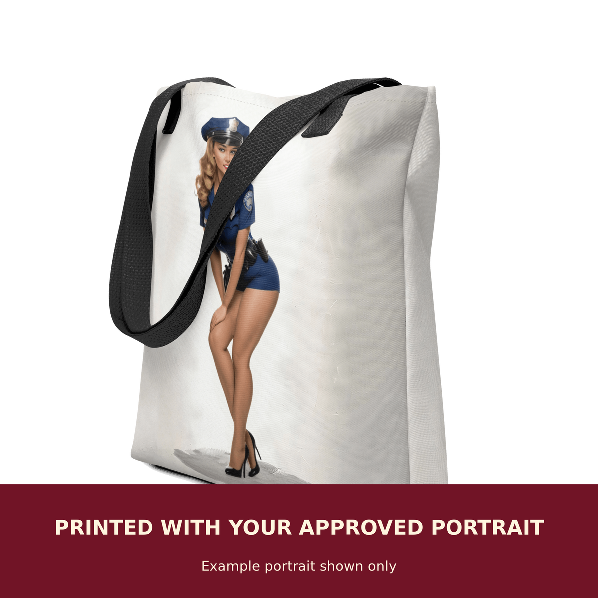 Personalized Pinup Tote Bag customized with the customer's approved portrait. Example portrait shown only.