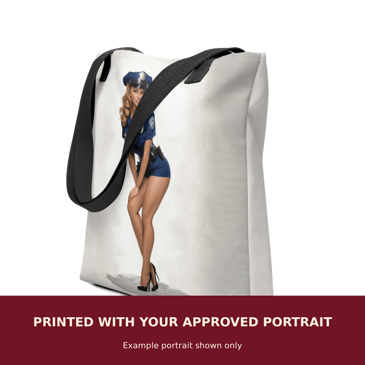 Personalized Pinup Tote Bag customized with the customer's approved portrait. Example portrait shown only.