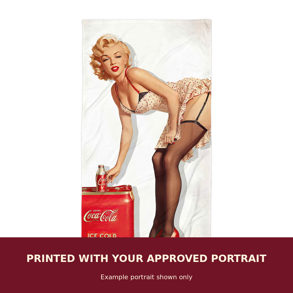 Personalized Pinup Towel customized with the customer's approved portrait. Example portrait shown only.