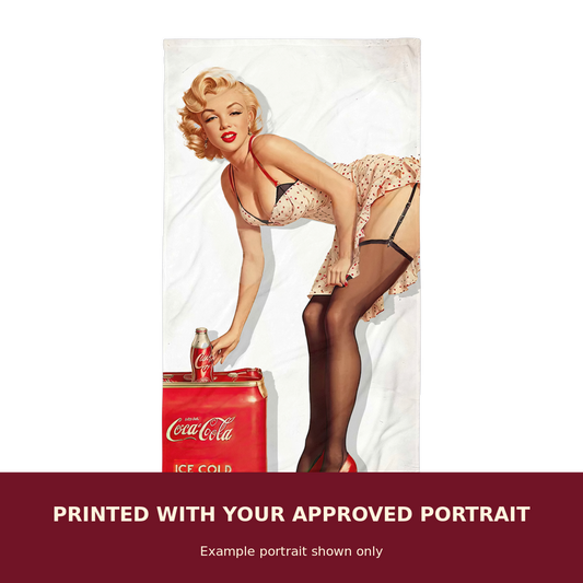 Personalized Pinup Towel customized with the customer's approved portrait. Example portrait shown only.