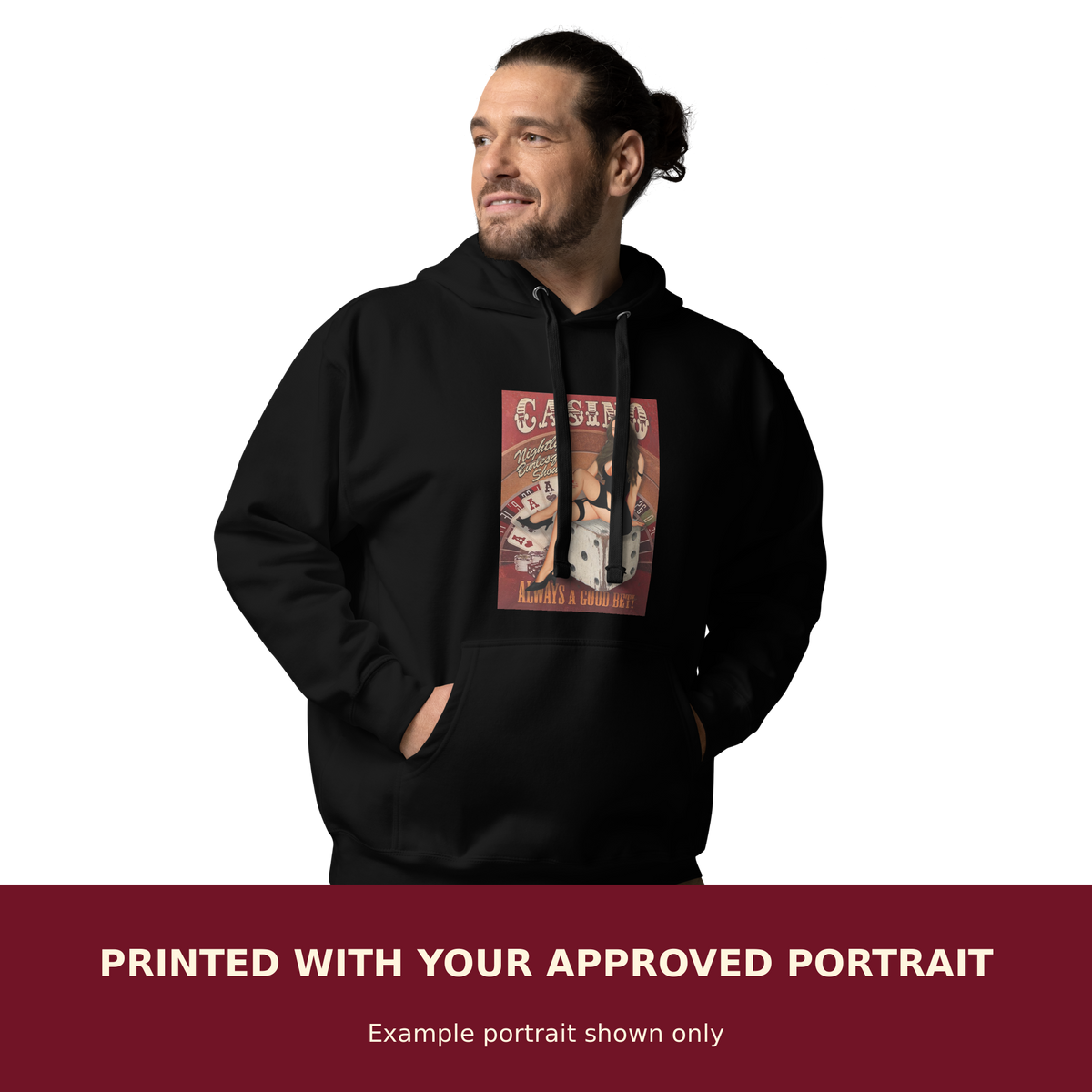 Personalized Pinup Unisex Hoodie customized with the customer's approved portrait. Example portrait shown only.