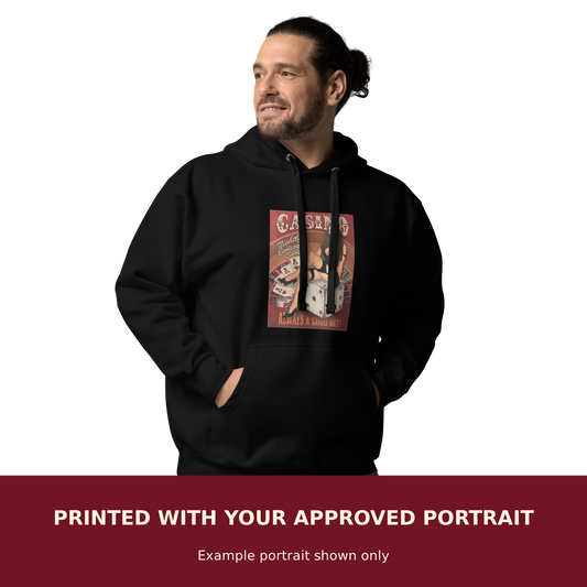 Personalized Pinup Unisex Hoodie customized with the customer's approved portrait. Example portrait shown only.