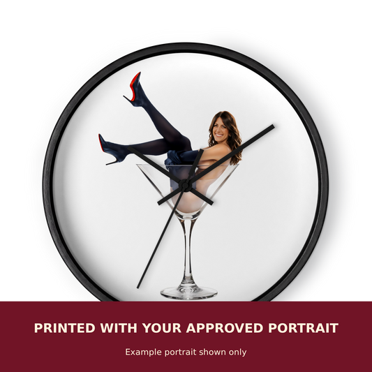 Personalized Pinup Wall Clock customized with the customer's approved portrait. Example portrait shown only.