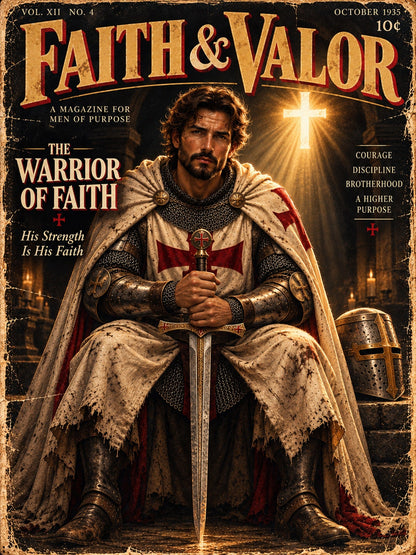 Faith and Valor custom illustrated Christian warrior medieval knight portrait magazine cover style