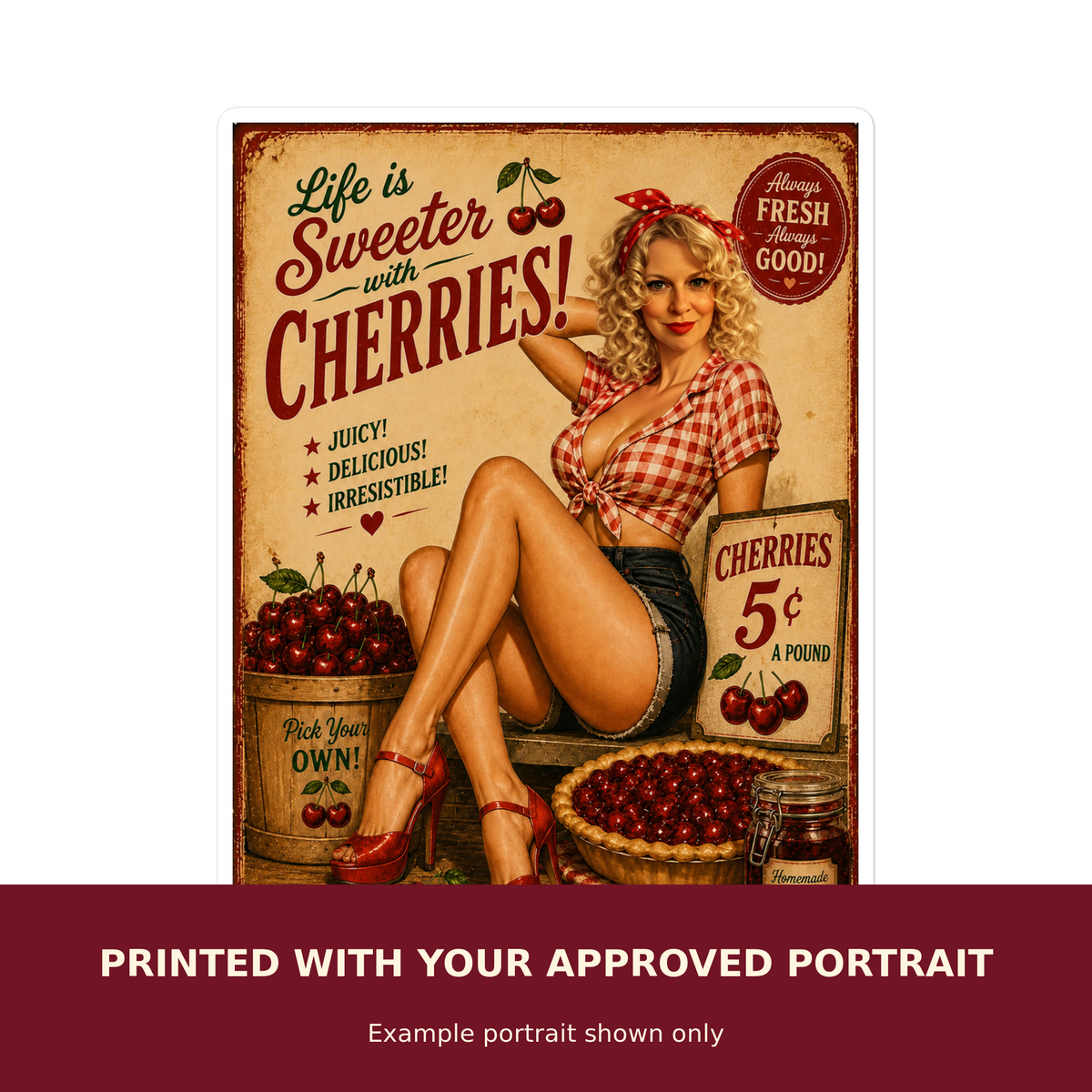 Personalized vinyl decal printed with your approved portrait. Example portrait shown only.