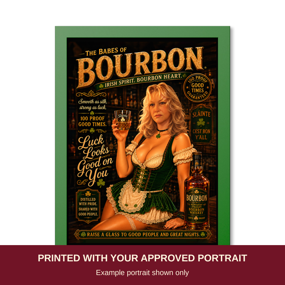 Personalized Pinup Matte Colored Framed Print. Printed with your approved portrait. Example portrait shown only.
