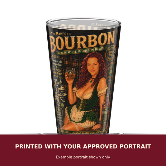 Personalized Pinup Shaker Pint Glass customized with the customer's approved portrait. Example portrait shown only.