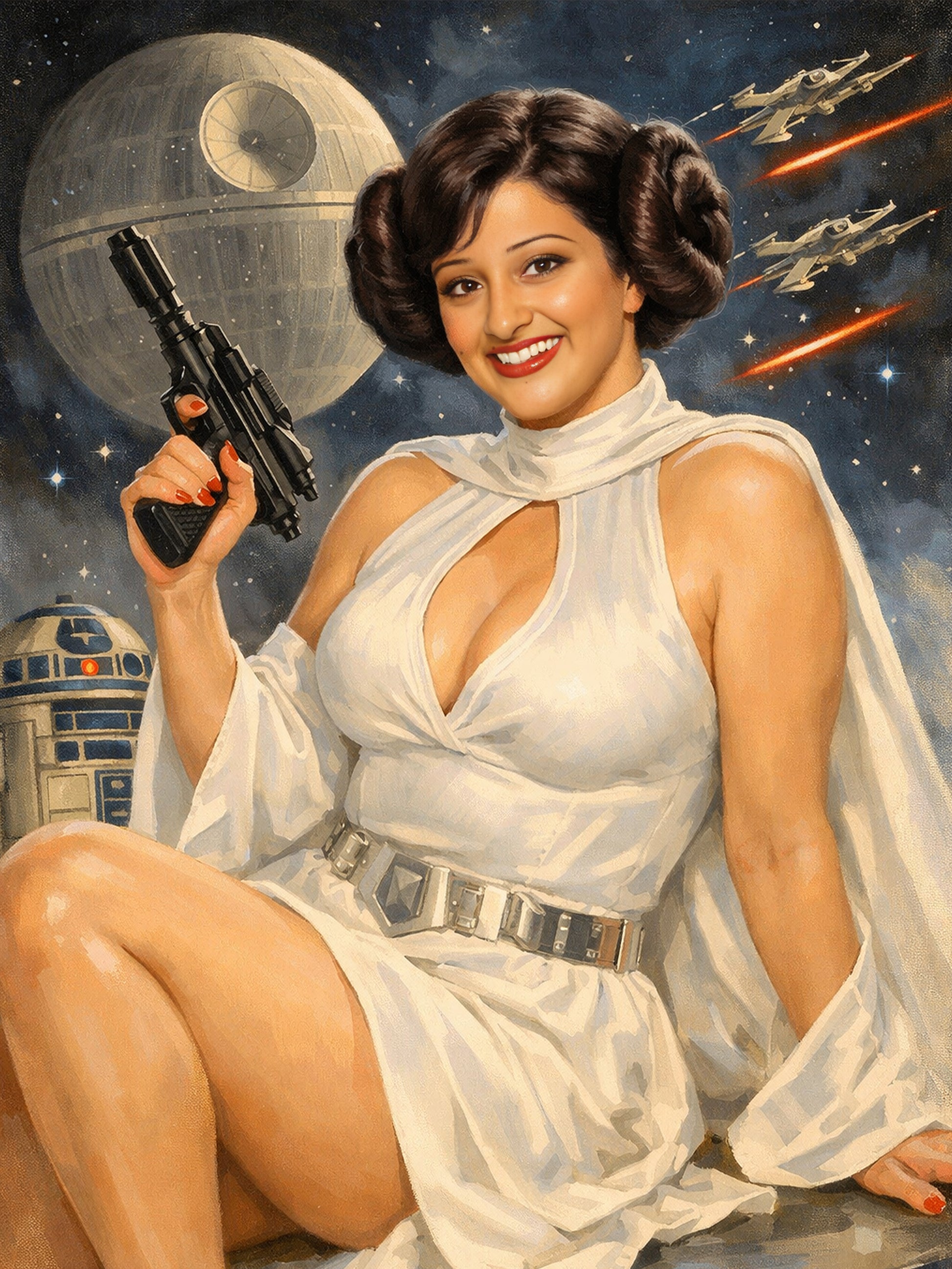 Character in a white dress with a space-themed background featuring a planet and spacecrafts. Imagine My Likeness